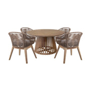 Escondido Tutti Frutti Outdoor Patio 5 Piece Round Dining Set in Eucalyptus Wood with Truffle Rope and Gray Cushions - Furniture City (CA)l