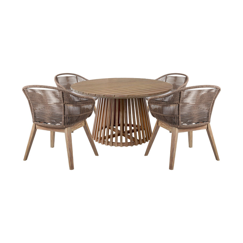 Escondido Tutti Frutti Outdoor Patio 5 Piece Round Dining Set in Eucalyptus Wood with Truffle Rope and Gray Cushions - Furniture City (CA)l