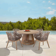 Escondido Tutti Frutti Outdoor Patio 5 Piece Round Dining Set in Eucalyptus Wood with Truffle Rope and Gray Cushions - Furniture City (CA)l
