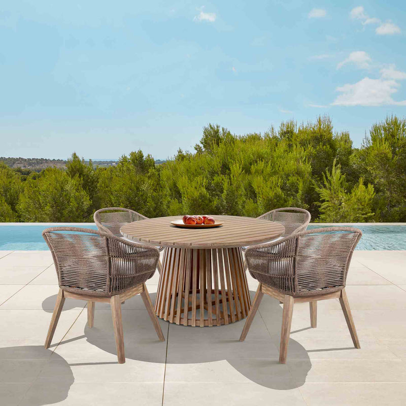 Escondido Tutti Frutti Outdoor Patio 5 Piece Round Dining Set in Eucalyptus Wood with Truffle Rope and Gray Cushions - Furniture City (CA)l