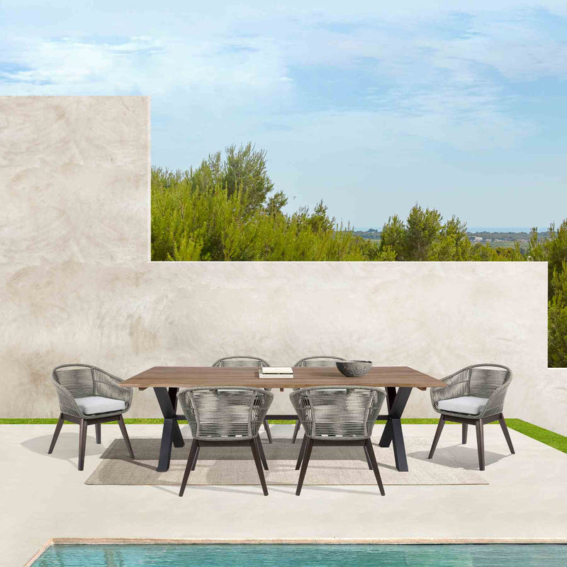 Glendora Tutti Frutti Outdoor Patio 7 Piece Live Edge Dining Set in Eucalyptus Wood Gray Rope and Cushions - Furniture City (CA)l