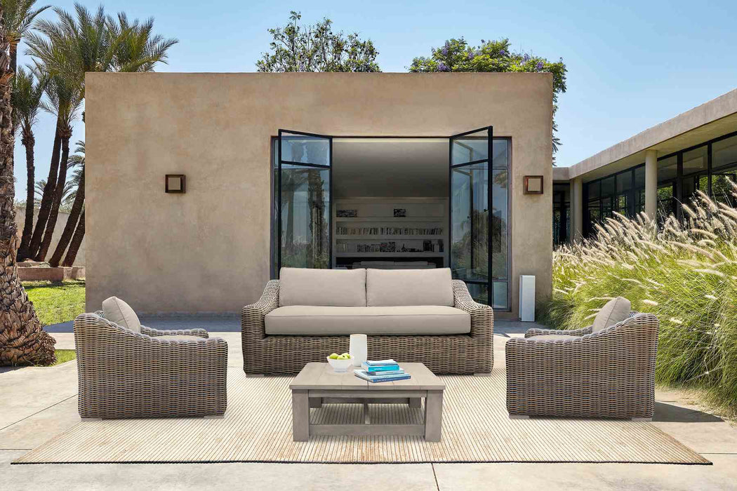 Verano 4 Piece Outdoor Patio Furniture Set in Wicker and Acacia Wood with Taupe Cushions