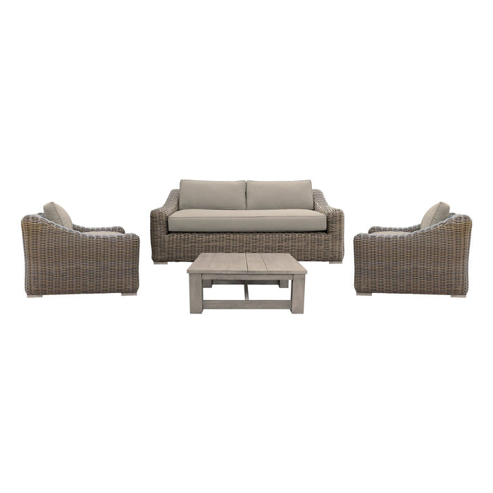Verano 4 Piece Outdoor Patio Furniture Set in Wicker and Acacia Wood with Taupe Cushions