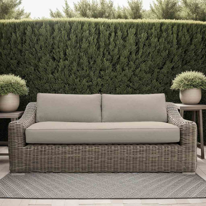 Verano Wicker and Acacia Outdoor Sofa in Taupe and Brown