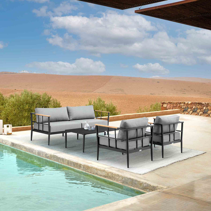 Veyda Outdoor Patio 4-Piece Lounge Set in Aluminum with Teak Wood and Gray Cushions - Furniture City (CA)l