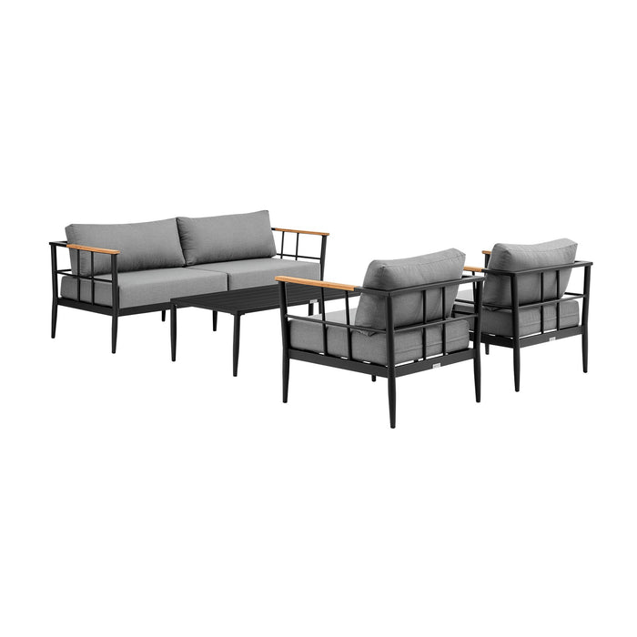 Veyda Aluminum and Teak Wood Outdoor Sofa in Black and Dark Gray