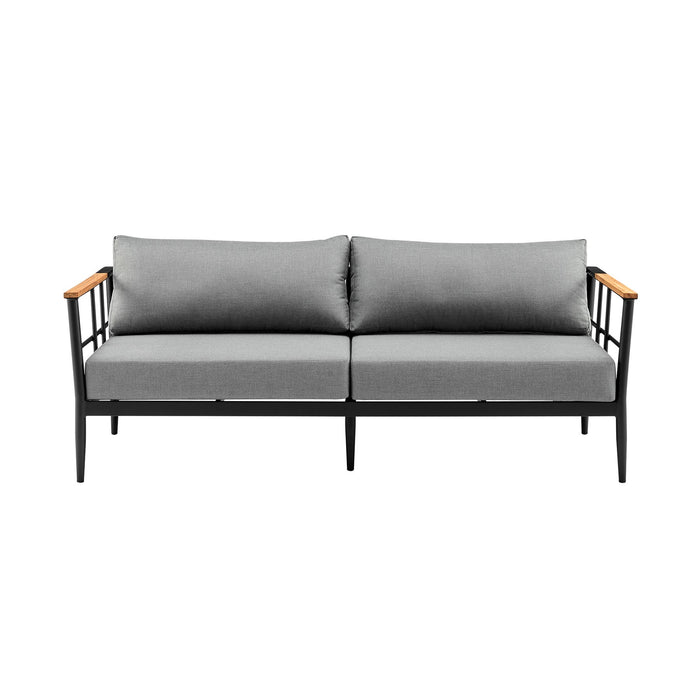 Veyda Aluminum and Teak Wood Outdoor Sofa in Black and Dark Gray
