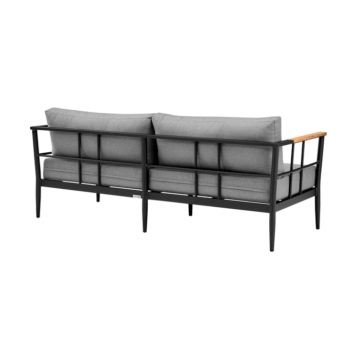 Veyda Aluminum and Teak Wood Outdoor Sofa in Black and Dark Gray