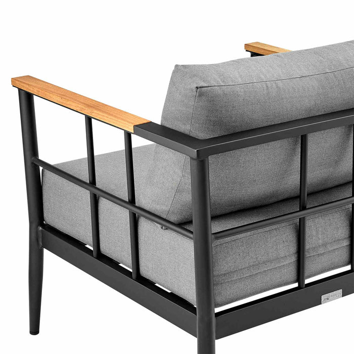 Veyda Aluminum and Teak Wood Outdoor Sofa in Black and Dark Gray