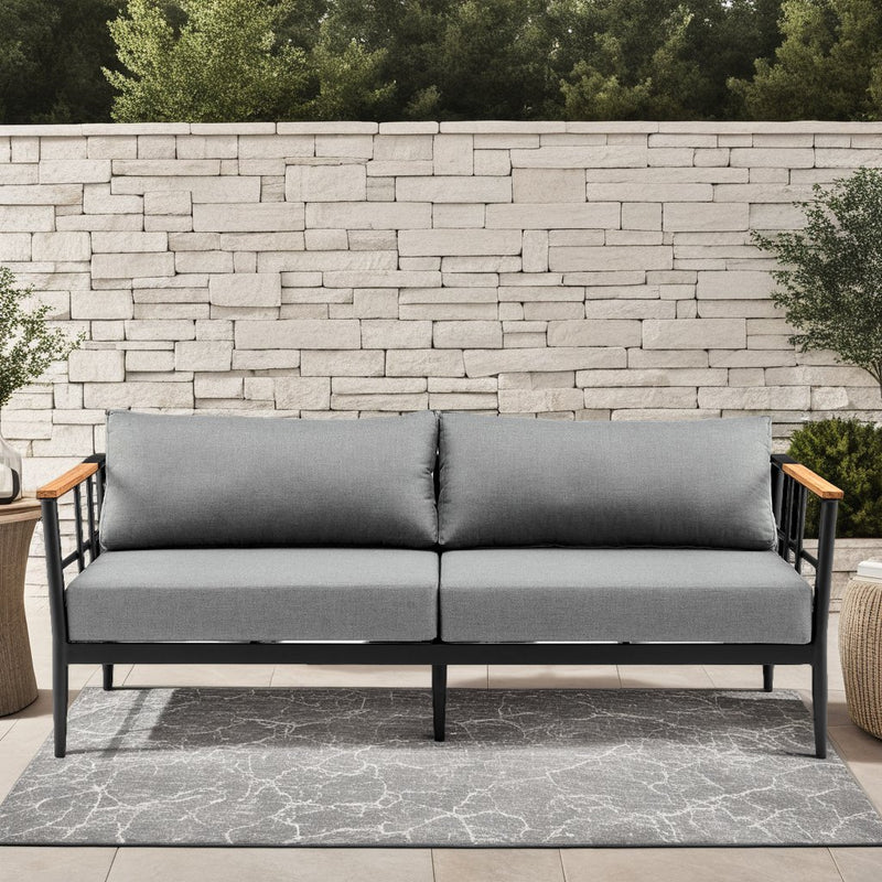 Veyda Aluminum and Teak Wood Outdoor Sofa in Black and Dark Gray - Furniture City (CA)l