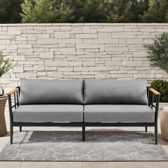 Veyda Aluminum and Teak Wood Outdoor Sofa in Black and Dark Gray