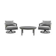 Zella Outdoor Patio 3 Piece Swivel Seating Set in Aluminum with Light Gray Rope and Cushions - Furniture City (CA)l