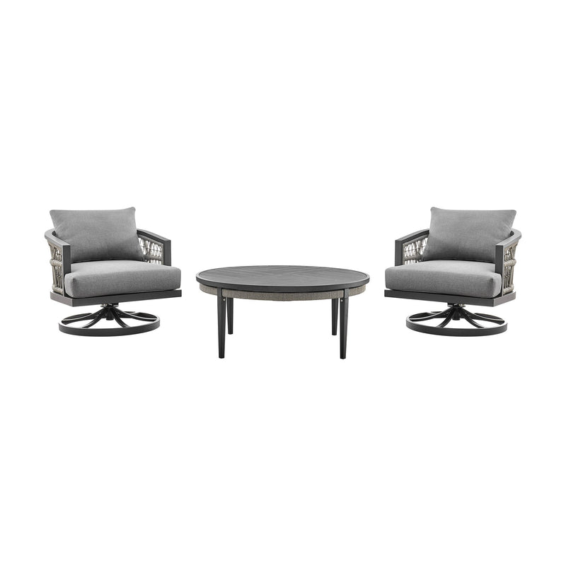 Zella Outdoor Patio 3 Piece Swivel Seating Set in Aluminum with Light Gray Rope and Cushions - Furniture City (CA)l