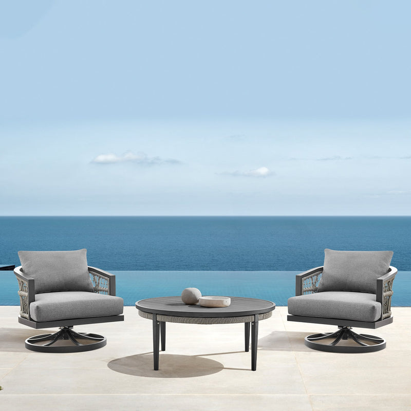 Zella Outdoor Patio 3 Piece Swivel Seating Set in Aluminum with Light Gray Rope and Cushions - Furniture City (CA)l