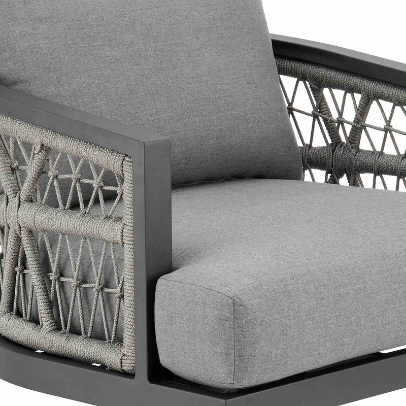 Zella Outdoor Patio 3 Piece Swivel Seating Set in Aluminum with Light Gray Rope and Cushions - Furniture City (CA)l