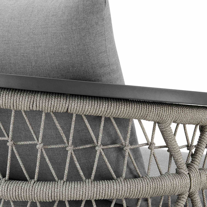 Zella Outdoor Patio 3 Piece Swivel Seating Set in Aluminum with Light Gray Rope and Cushions