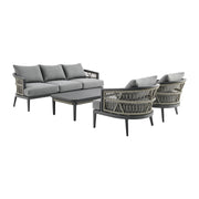 Zella Outdoor Patio 4 Piece Conversation Set in Aluminum with Light Gray Rope and Cushions - Furniture City (CA)l