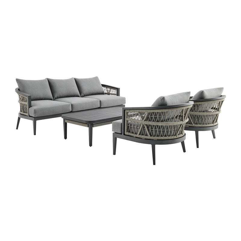Zella Outdoor Patio 4 Piece Conversation Set in Aluminum with Light Gray Rope and Cushions - Furniture City (CA)l