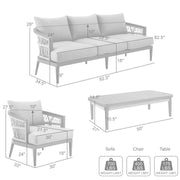 Zella Outdoor Patio 4 Piece Conversation Set in Aluminum with Light Gray Rope and Cushions - Furniture City (CA)l