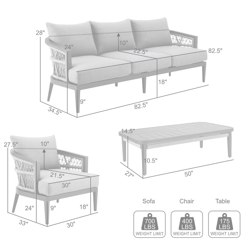 Zella Outdoor Patio 4 Piece Conversation Set in Aluminum with Light Gray Rope and Cushions - Furniture City (CA)l