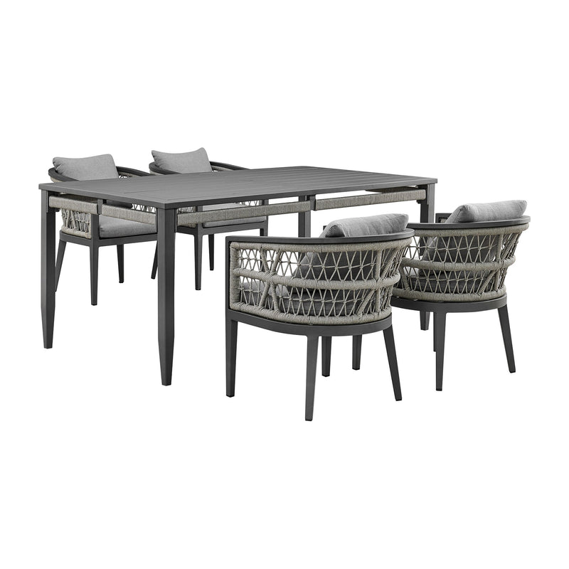 Zella Outdoor Patio 5 Piece Dining Set in Aluminum with Light Gray Rope and Cushions - Furniture City (CA)l