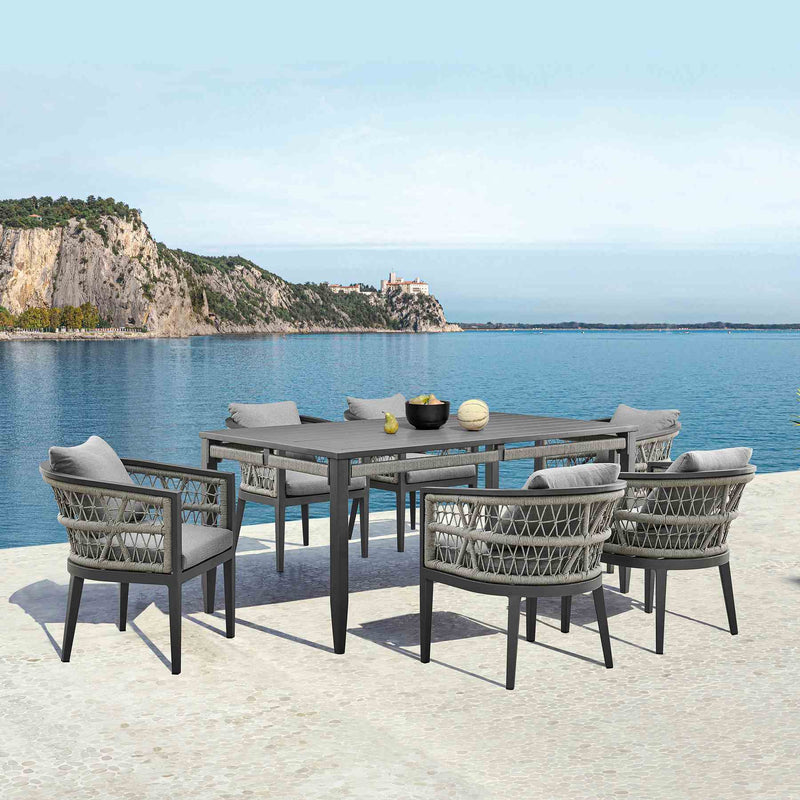 Zella Outdoor Patio 7 Piece Dining Set in Aluminum with Light Gray Rope and Cushions - Furniture City (CA)l