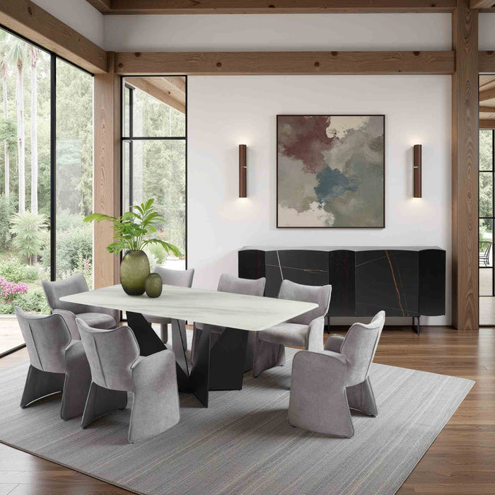 Olivia Modern 7-Piece Dining Set with Gray Upholstered Chairs and Tempered Glass Tabletop