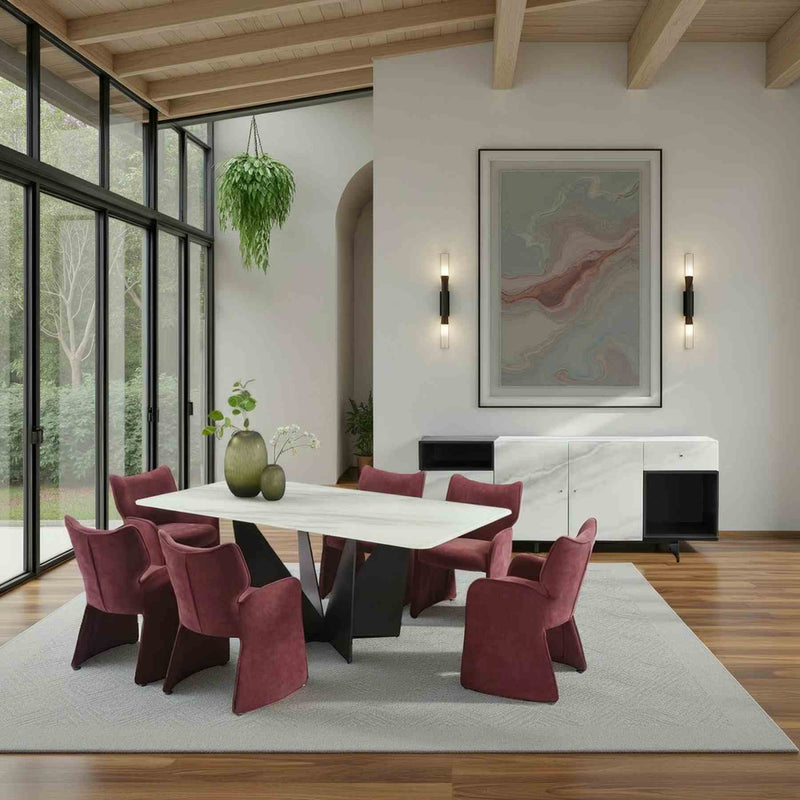Olivia Modern 7-Piece Dining Set with Plum Upholstered Chairs and Tempered Glass Tabletop - Furniture City (CA)l