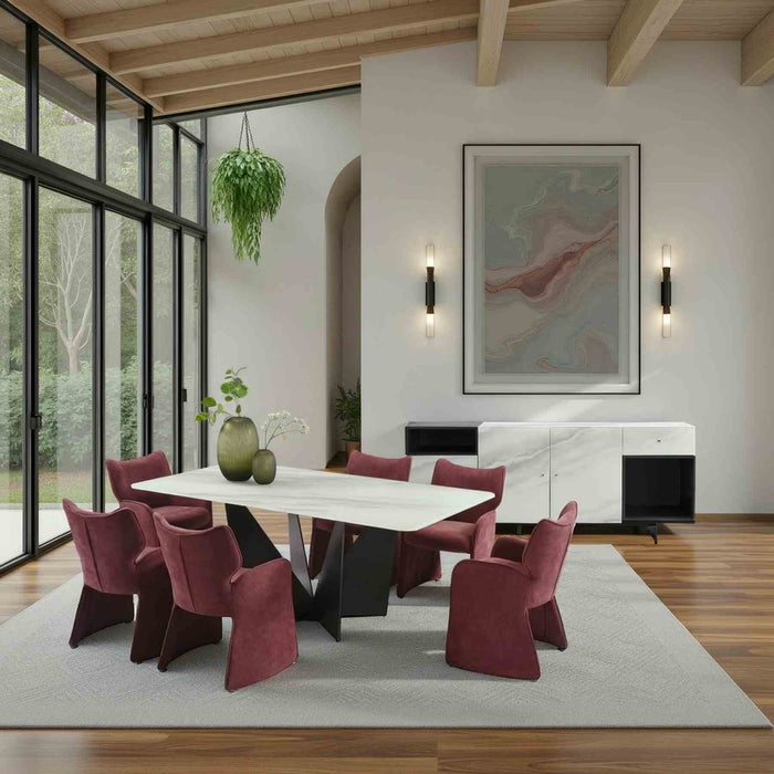 Olivia Modern 7-Piece Dining Set with Plum Upholstered Chairs and Tempered Glass Tabletop