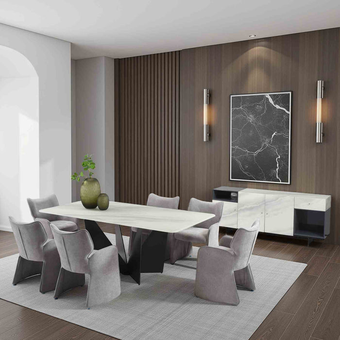 Olivia Modern 8-Piece Dining Set with Tempered Glass Table, Gray Upholstered Armchairs, and 3-Door Sideboard