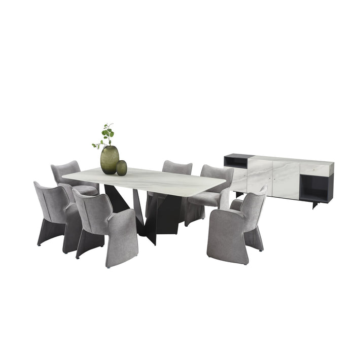 Olivia Modern 8-Piece Dining Set with Tempered Glass Table, Gray Upholstered Armchairs, and 3-Door Sideboard