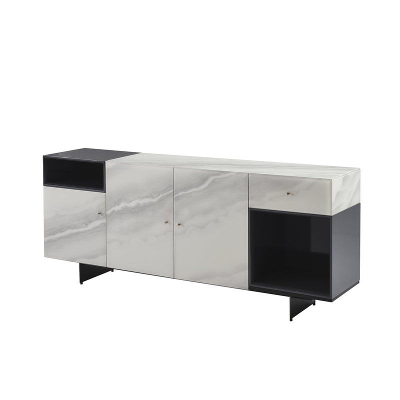 Olivia Modern 8-Piece Dining Set with Tempered Glass Table, Gray Upholstered Armchairs, and 3-Door Sideboard - Furniture City (CA)l