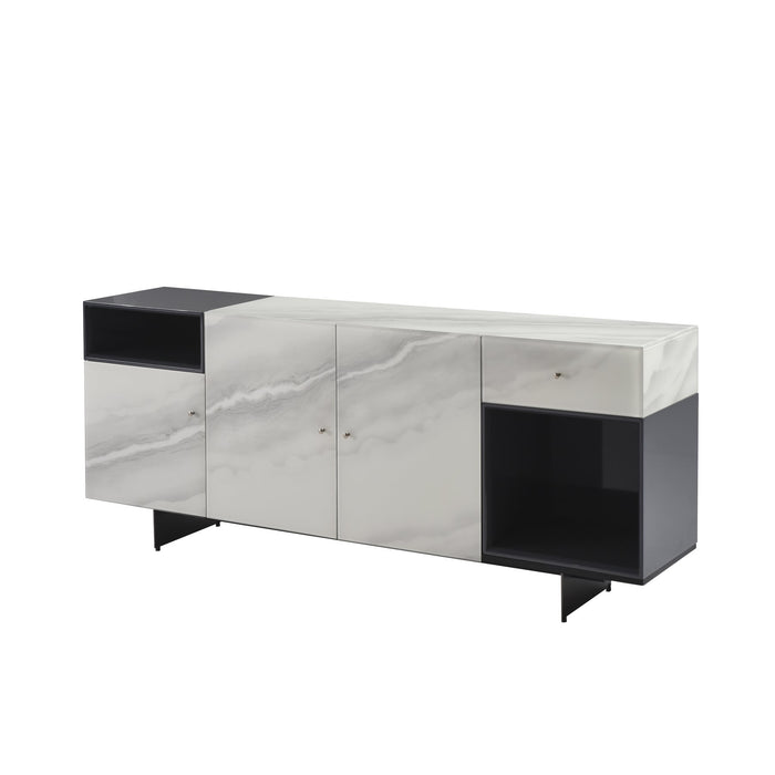 Olivia Modern 8-Piece Dining Set with Tempered Glass Table, Gray Upholstered Armchairs, and 3-Door Sideboard