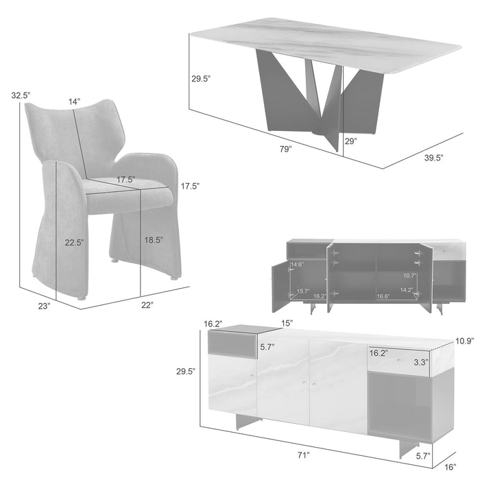 Olivia Modern 8-Piece Dining Set with Tempered Glass Table, Plum Upholstered Armchairs, and 3-Door Sideboard