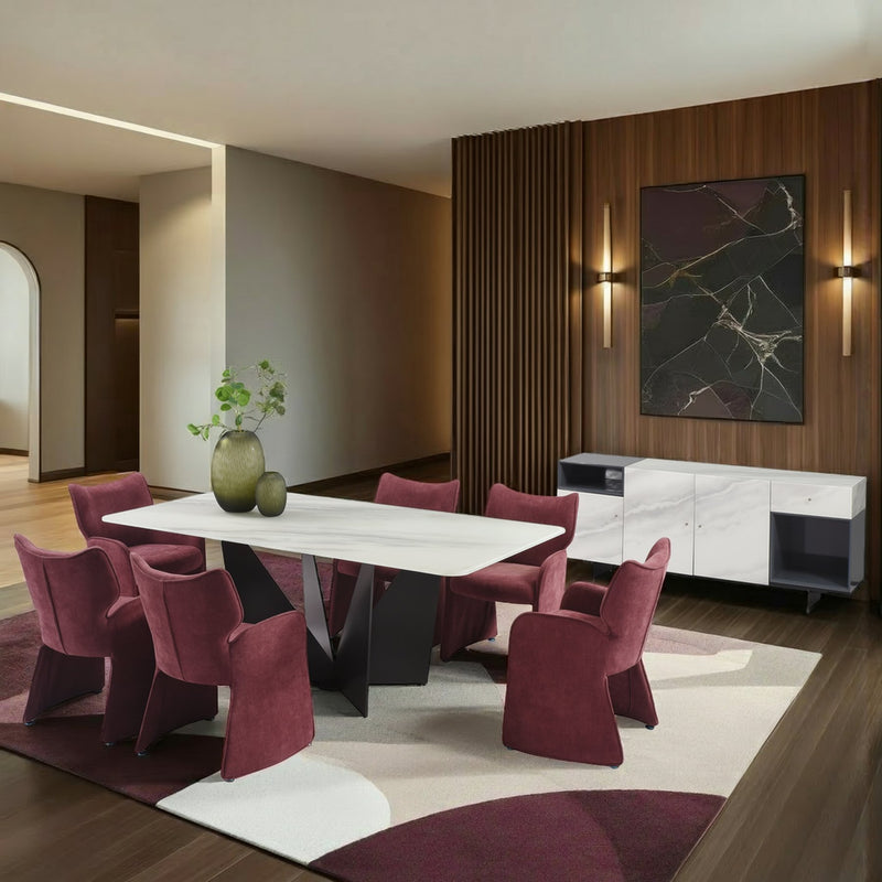 Olivia Modern 8-Piece Dining Set with Tempered Glass Table, Plum Upholstered Armchairs, and 3-Door Sideboard - Furniture City (CA)l