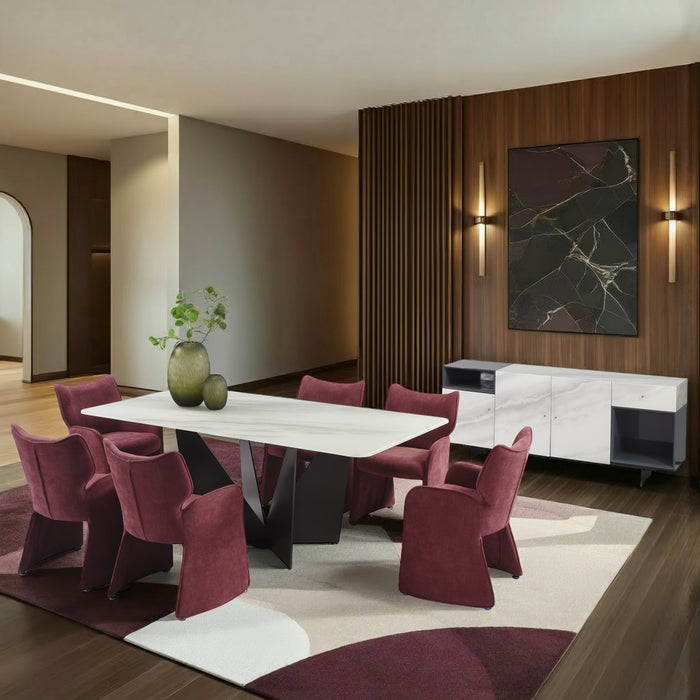 Olivia Modern 8-Piece Dining Set with Tempered Glass Table, Plum Upholstered Armchairs, and 3-Door Sideboard