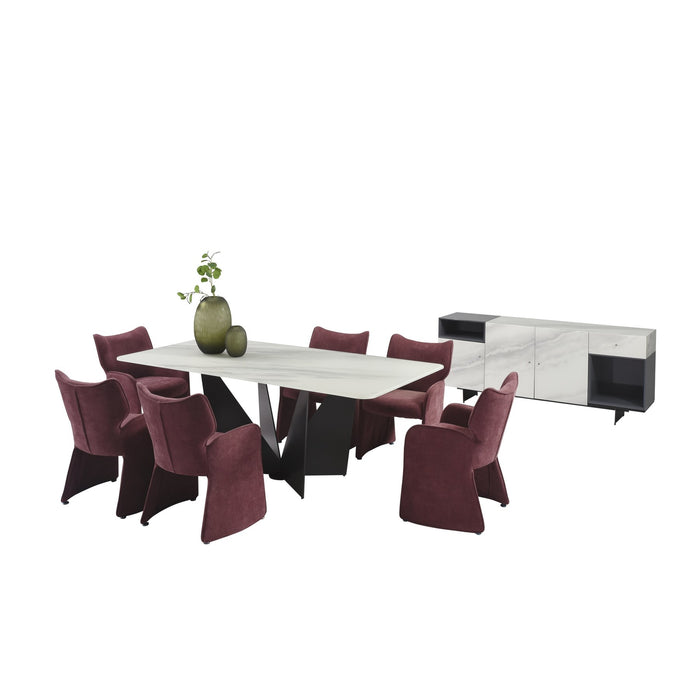 Olivia Modern 8-Piece Dining Set with Tempered Glass Table, Plum Upholstered Armchairs, and 3-Door Sideboard