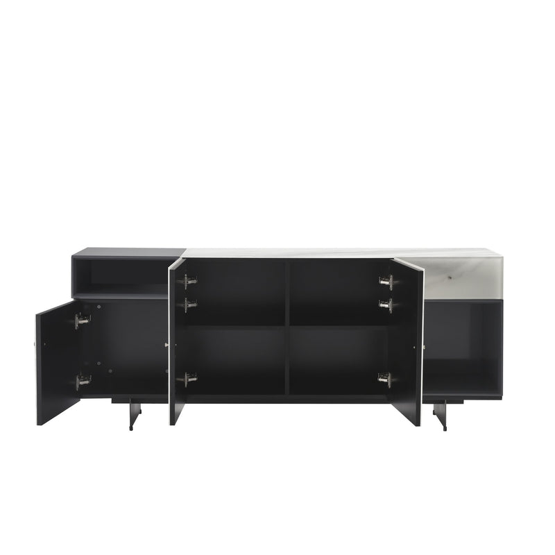 Olivia Modern 8-Piece Dining Set with Tempered Glass Table, Plum Upholstered Armchairs, and 3-Door Sideboard - Furniture City (CA)l