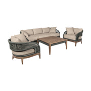 Orbit Outdoor Patio 4 Piece Conversation Set in Weathered Eucalyptus Wood with Gray Rope and Taupe Olefin Cushions - Furniture City (CA)l