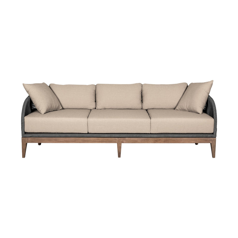 Orbit Outdoor Patio 4 Piece Conversation Set in Weathered Eucalyptus Wood with Gray Rope and Taupe Olefin Cushions - Furniture City (CA)l