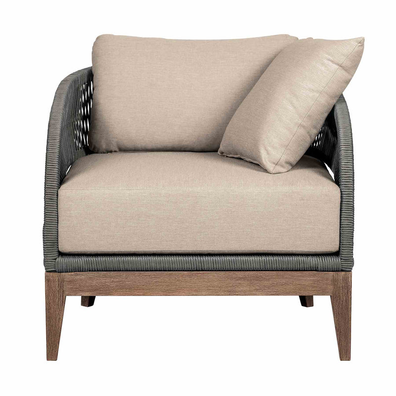 Orbit Outdoor Patio 4 Piece Conversation Set in Weathered Eucalyptus Wood with Gray Rope and Taupe Olefin Cushions - Furniture City (CA)l