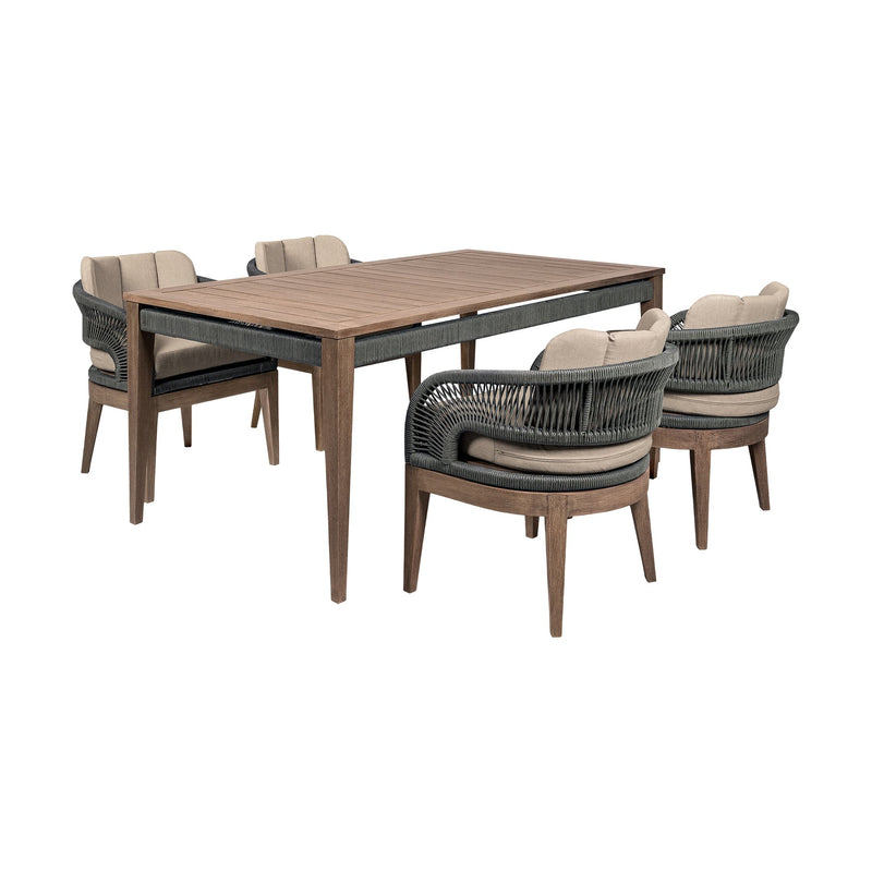 Orbit Outdoor Patio 5 Piece Dining Set in Weathered Eucalyptus Wood with Gray Rope and Taupe Olefin Cushions - Furniture City (CA)l