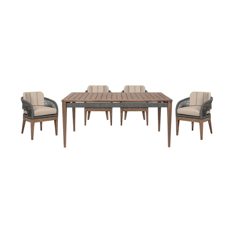 Orbit Outdoor Patio 5 Piece Dining Set in Weathered Eucalyptus Wood with Gray Rope and Taupe Olefin Cushions - Furniture City (CA)l