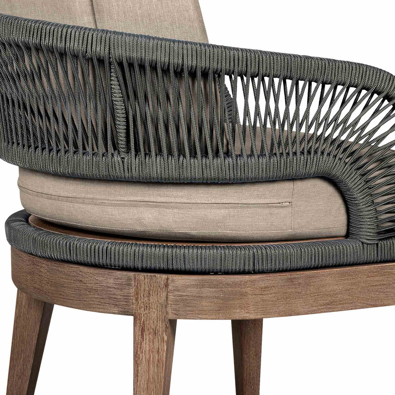 Orbit Outdoor Patio 5 Piece Dining Set in Weathered Eucalyptus Wood with Gray Rope and Taupe Olefin Cushions - Furniture City (CA)l
