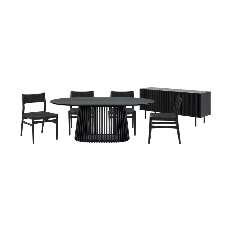 Pasadena Erie 6 Piece Oval Dining Set with Buffet in Black Oak Finish with Black Paper Cord Chairs - Furniture City (CA)l