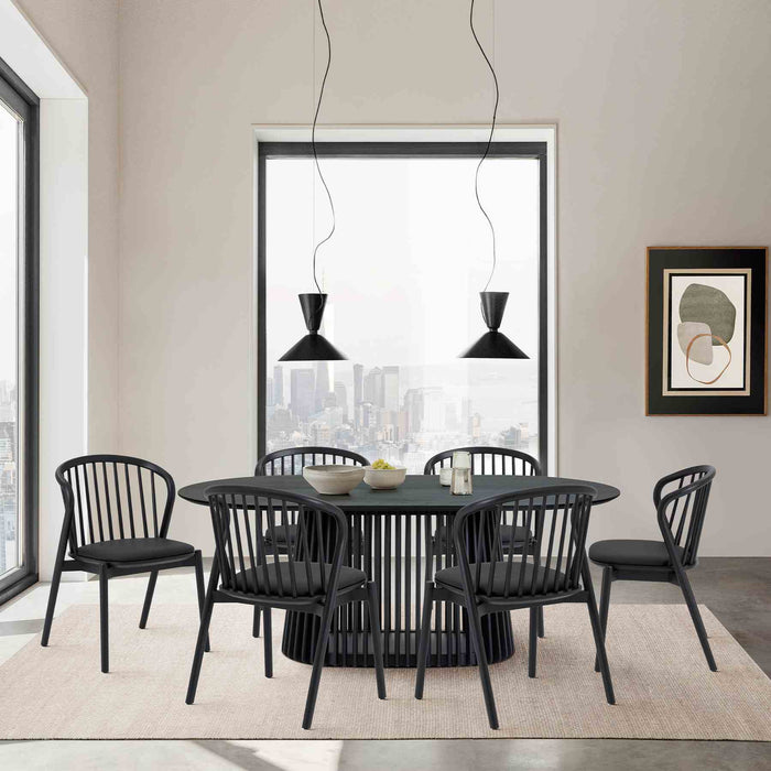 Pasadena Echo 7 Piece Oval Dining Set in Black Oak Finish with Black Faux Leather