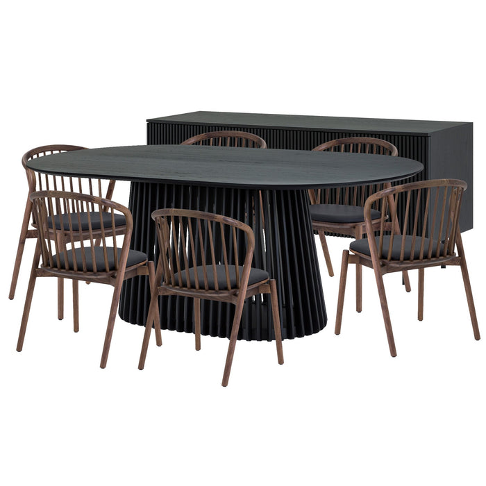 Pasadena Echo 8 Piece Oval Dining Set with Buffet in Black Oak Finish and 6 Walnut Finish Chairs