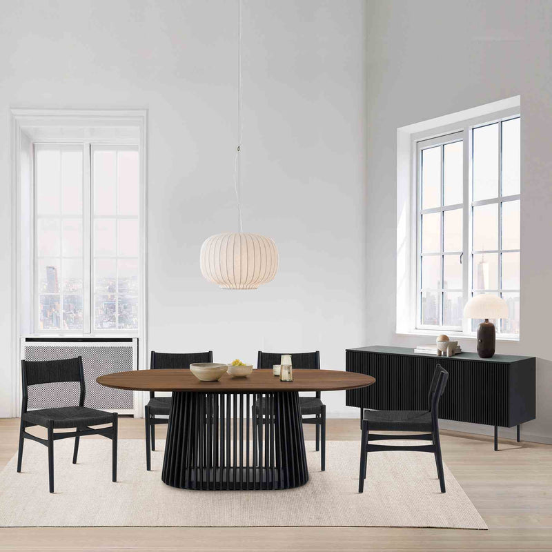 Pasadena Erie 6 Piece Oval Dining Set with Buffet and Paper Cord Chairs in Black Finish with Walnut Finish Table Top - Furniture City (CA)l