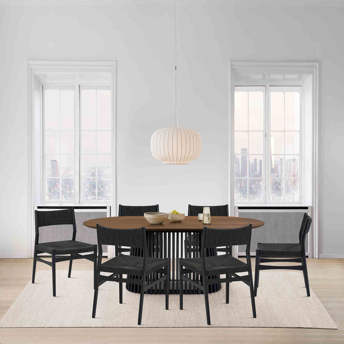 Pasadena Erie 7 Piece Oval Dining Set in Walnut and Black Finish with Paper Cord Chairs