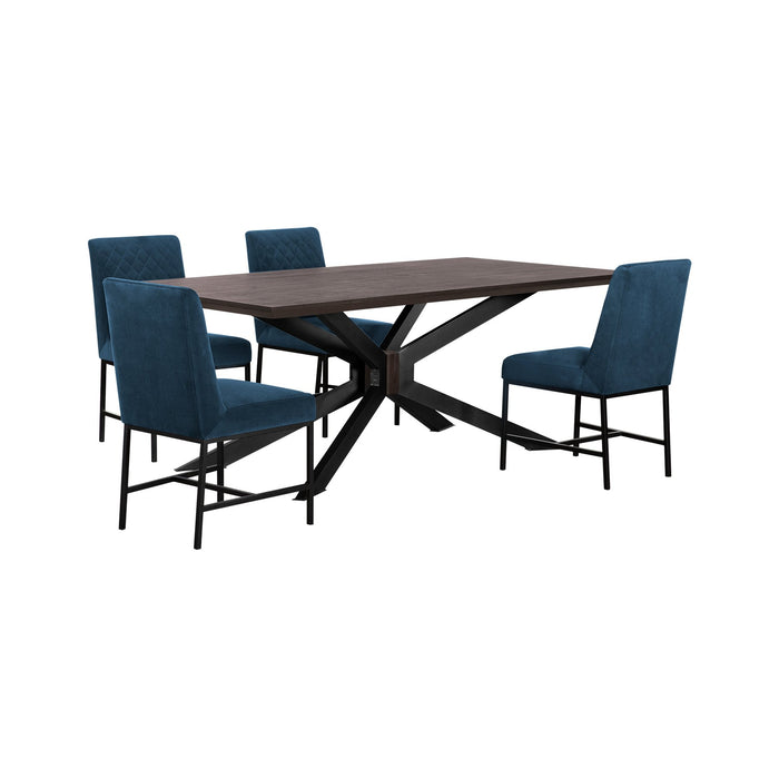 Pirate and Napoli 5 Piece Modern Dining Set in Brown Acacia Wood and Blue Fabric